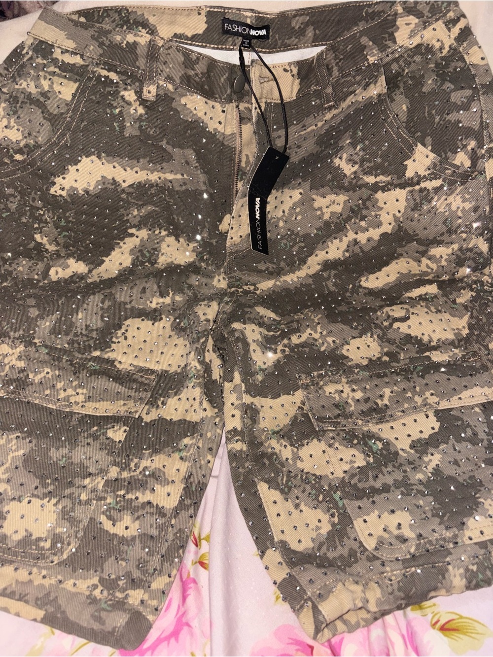 Fashion Nova Camo Rhinestone Mini Skirt - Beige Olive